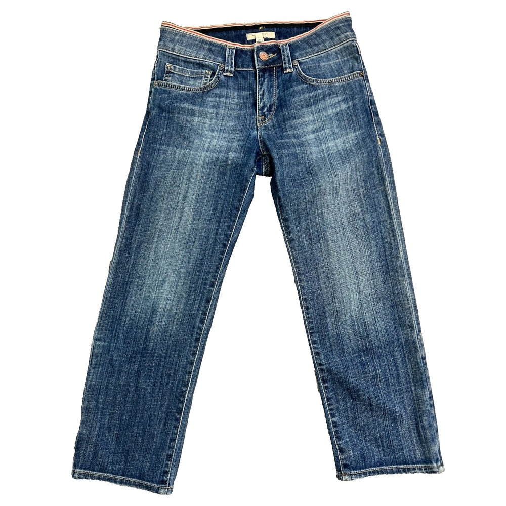 BURBERRY LONDON Cropped Capri Jeans Size 26 Medium Wash Zip Pocket Stripe Waist